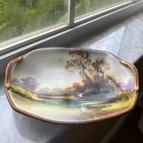 Noritake Porcelain 2 Handle Trinket Plate Lake & Foliage Landscape Japan VTG - Picture 2 of 6